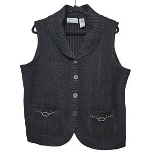 Alfred Dunner Y2K Dark Academia Black Wool Blend Shawl Collar Sweater Vest PXL